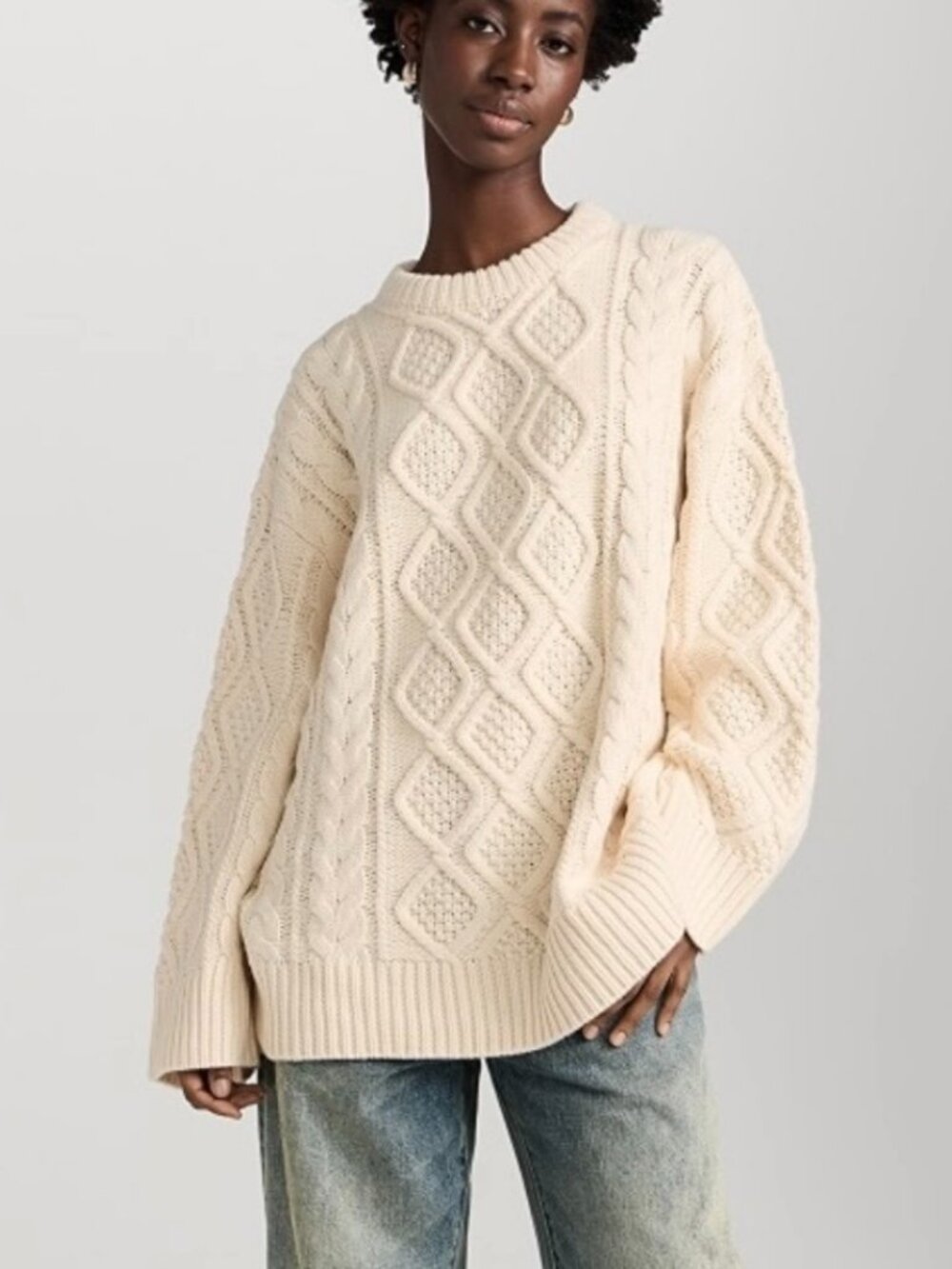 Lioness Gigi Oversized Fisherman Sweater L Chunky Slouchy Boxy Boho Ivory